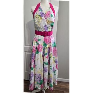 Vintage Dawn Joy Fashions Floral Halter Dress Pink White Cotton Belted Sz 11-12